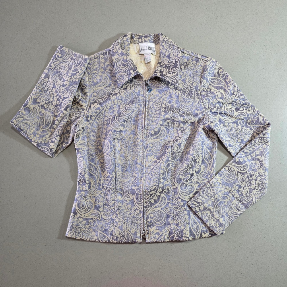 Joseph Ribkoff Purple Gold Paisley Jacquard Zip Jacket Size 6 Made in Canada